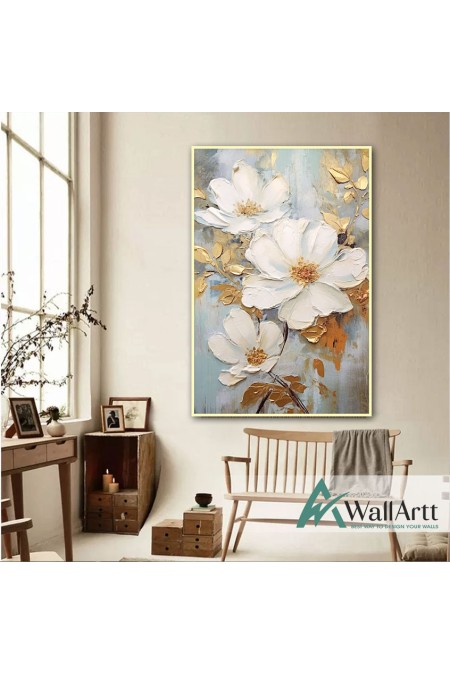 White Flowers with Gold Leaves 3d Heavy Textured Partial Oil Painting